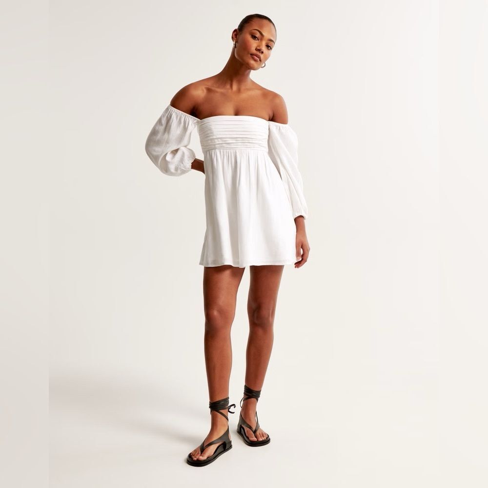 NWT Abercrombie & Fitch Emerson Linen Blend off the shoulder white mini dress MP